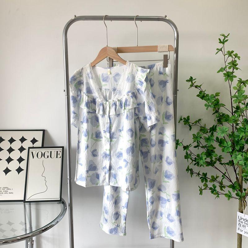 Spring and Autumn Lace Floral Pajamas Female Princess Style Loose Sweet Home Wear Clouds Cotton Suit Short Sleeve Pants