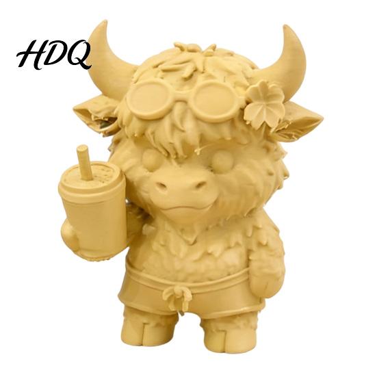 Milk Tea Cow Model 2Pcs Cute Highland Figurine 3D Printed Bubble Statues Fun Office Desk Accessory Summer Farmhouse Style Desktop Ornaments,