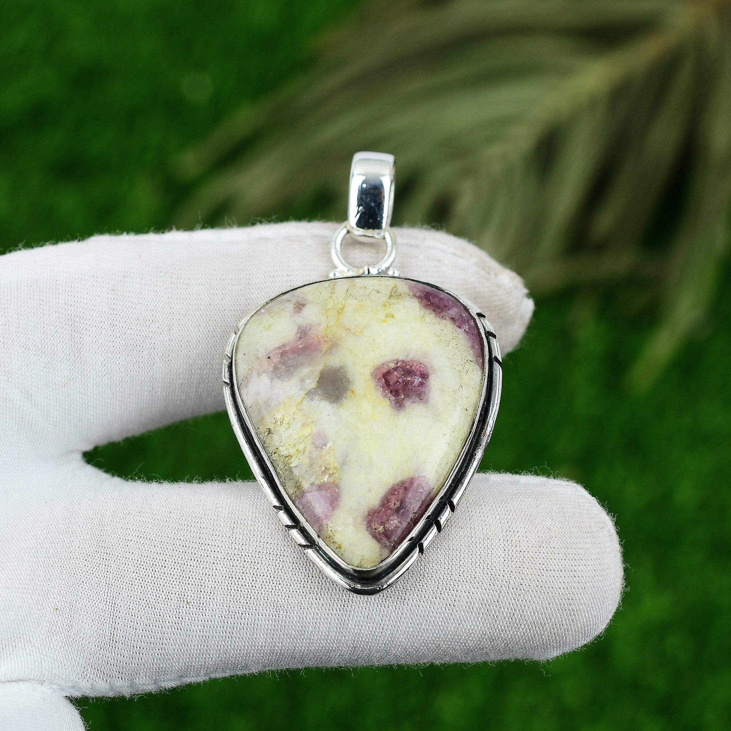 Сердечная чакра Розовый турмалин Камень Стерлинговое серебро Этническая подвеска-мать Ювелирное изделие