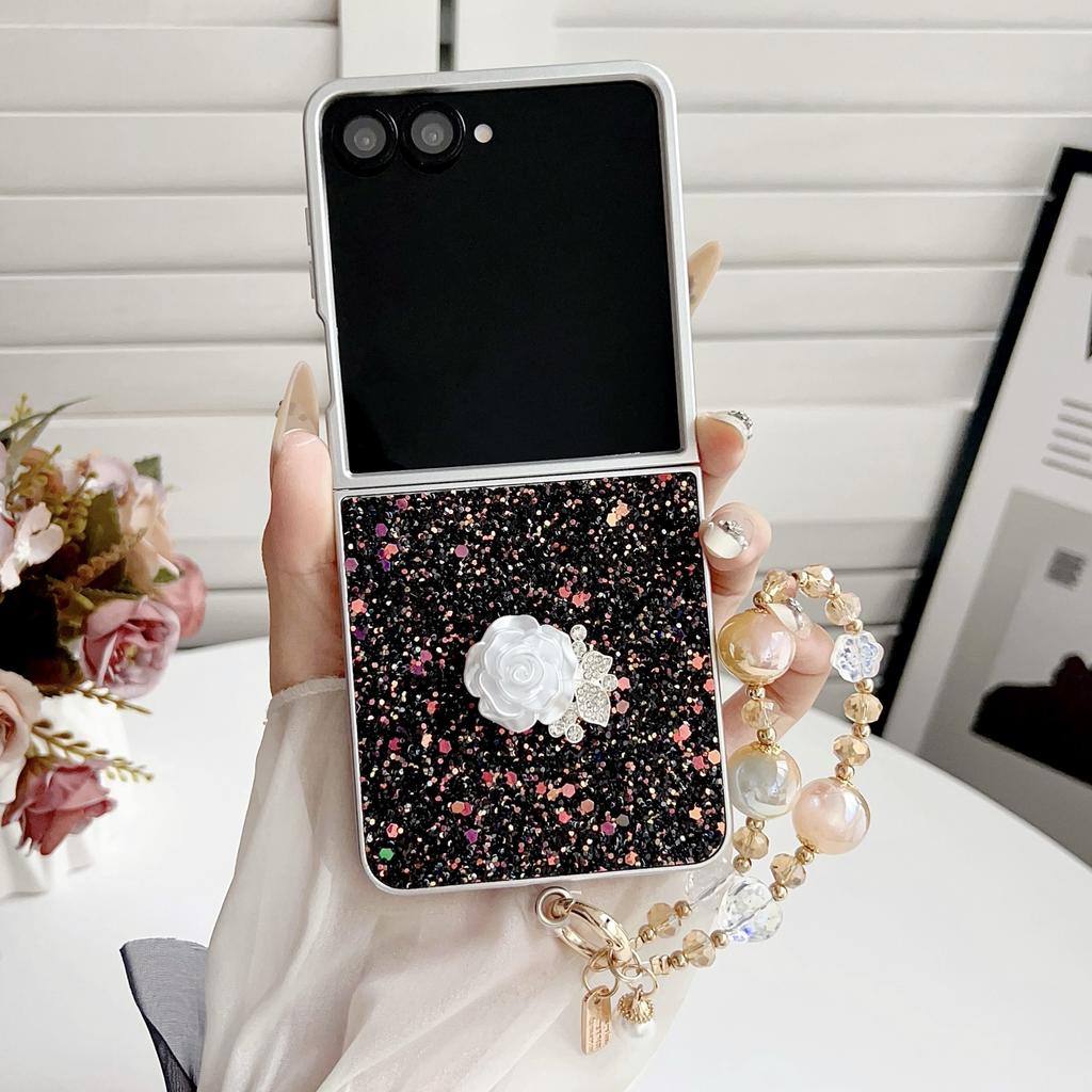 Phantom Glitter White Rose Mobile Phone Case for Samsung Z FLIP7/6/5/4 Portable Bead Chain 3rd Generation Folding Case