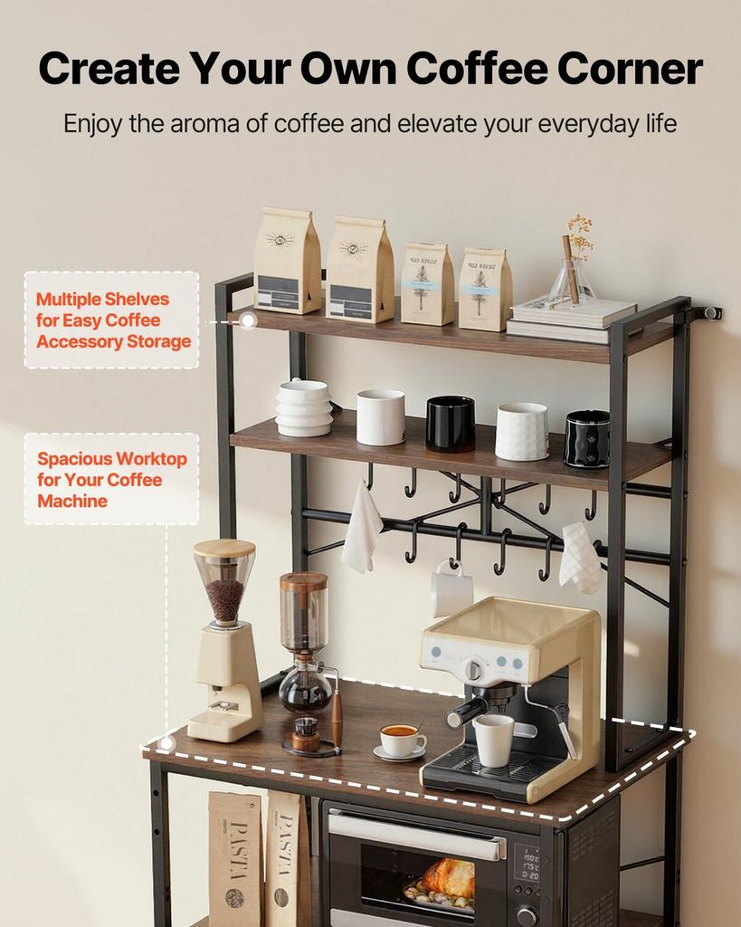 Kitchen Bakers Rack, 800 Mm Width Bakers Rack, Kitchen Stand with X-Shaped Support Bar, 12 S-Shaped Hooks, Double-Layer Top Shelf, Coffee Bar Stand