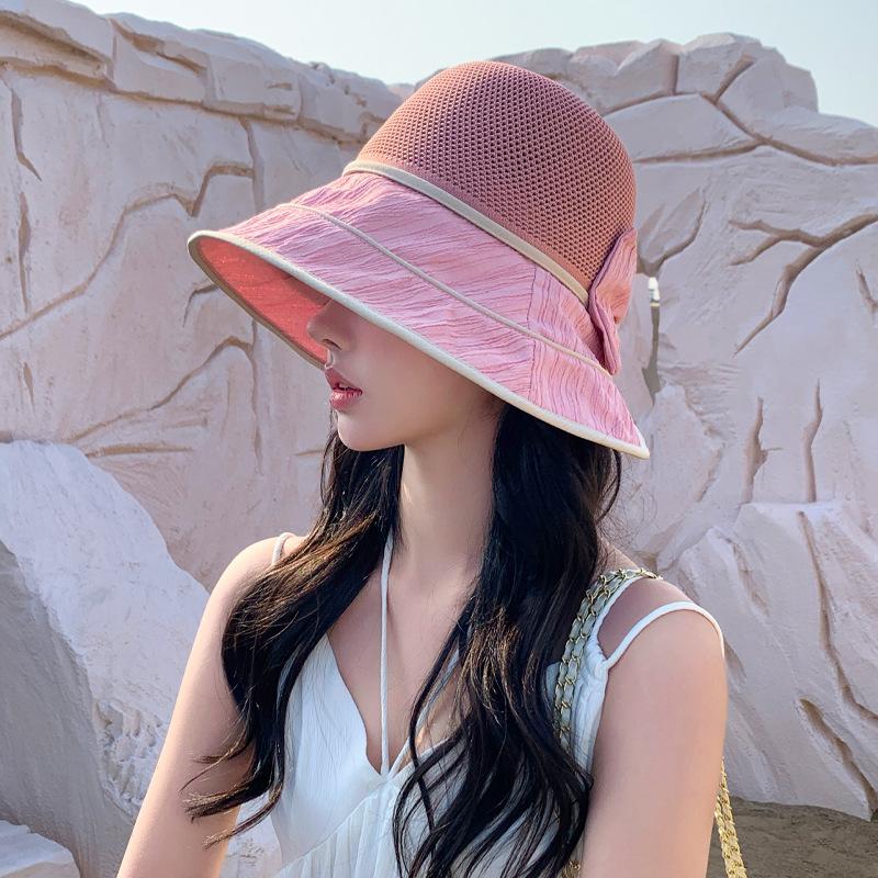 Spring and Autumn New Hat Women's Knitted Mesh Bow Bucket Hat Summer Colored Glue Sunscreen Visor