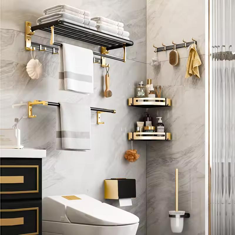 Aluminum Folding Storage Rack Hardware Accessories Set Black and Gold Towel Rack Shelf Bathroom Products