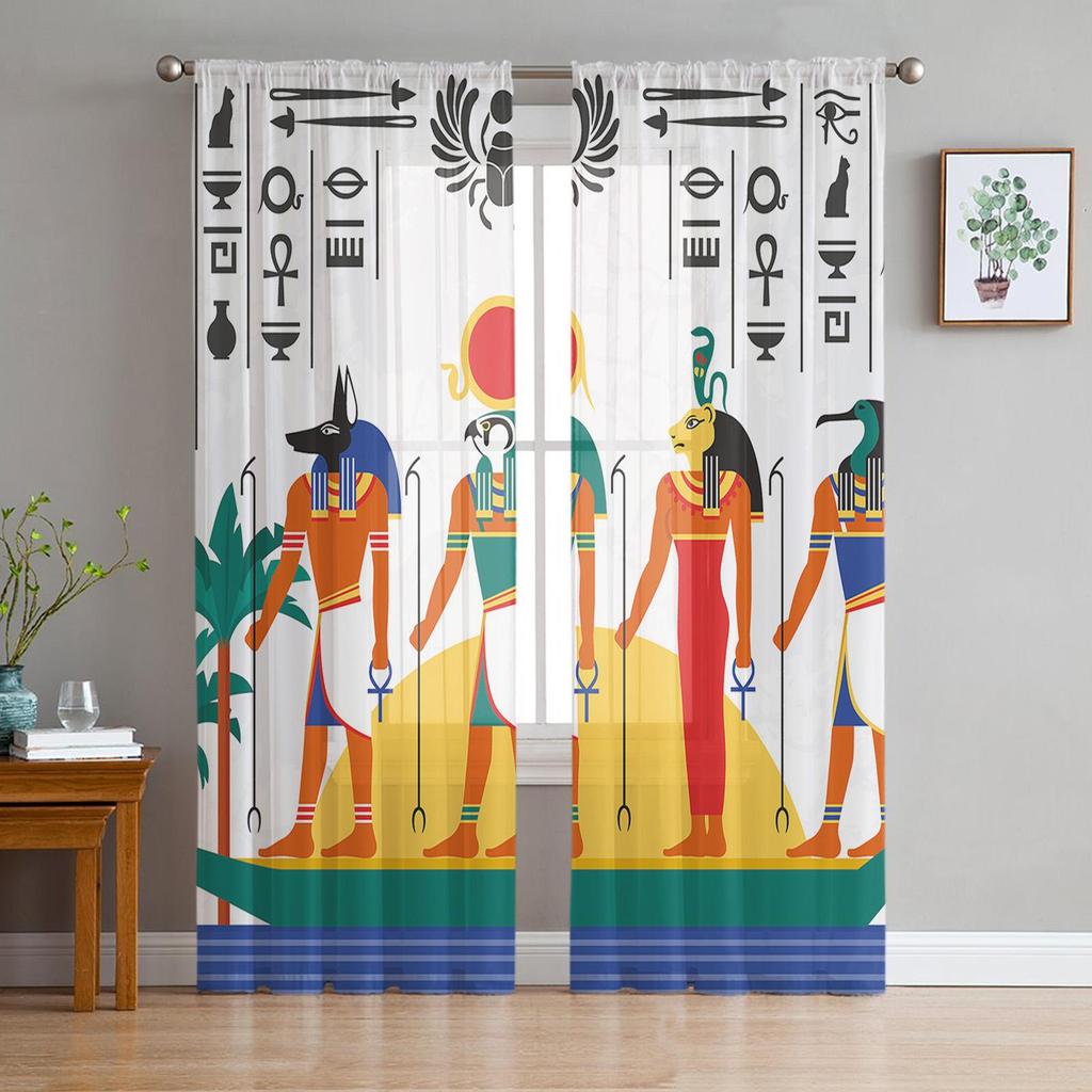 Antique Egyptian Mural Prints Transparent Drapes for Living Room Decoration Window Panel Drapes Cooking Area Soft Tulle Light Voile Silk-like Fabric