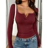 Women's V Neck Long Sleeve Ribbed Top Slim Fit Elegant Solid Crop Top With Lace Button Trim