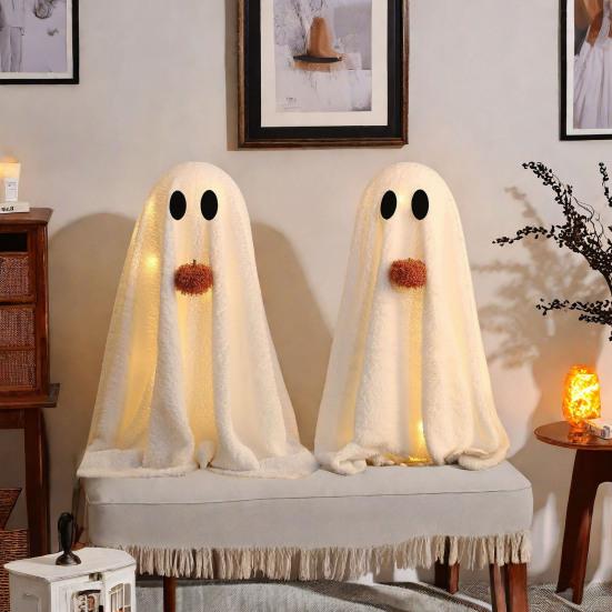 Light-Up Sherpa Ghosts with Pumpkin Cute Ghost Tabletop Decoration