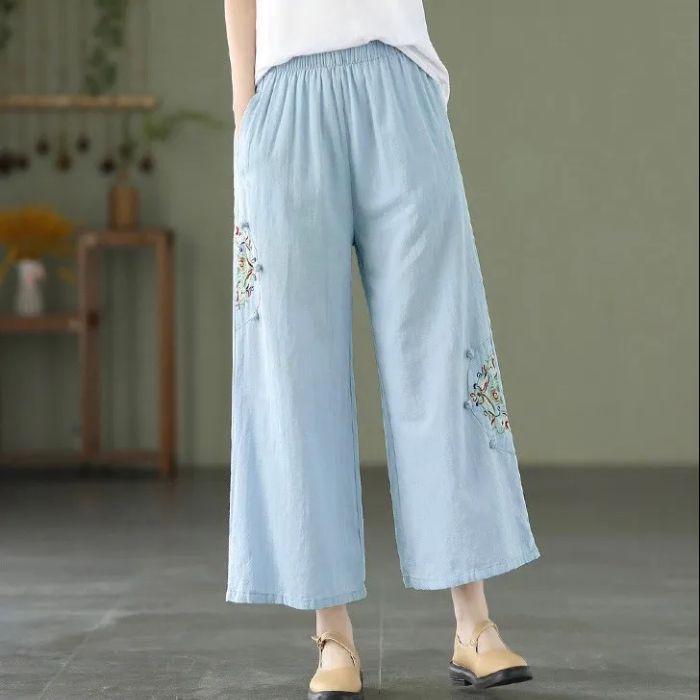 Spring/Summer Plus Size Loose Cotton Linen Embroidered Retro Wide-Leg Pants