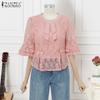 ZANZEA Women Summer Round Neck Half Sleeve Lace Patchwork Blouse