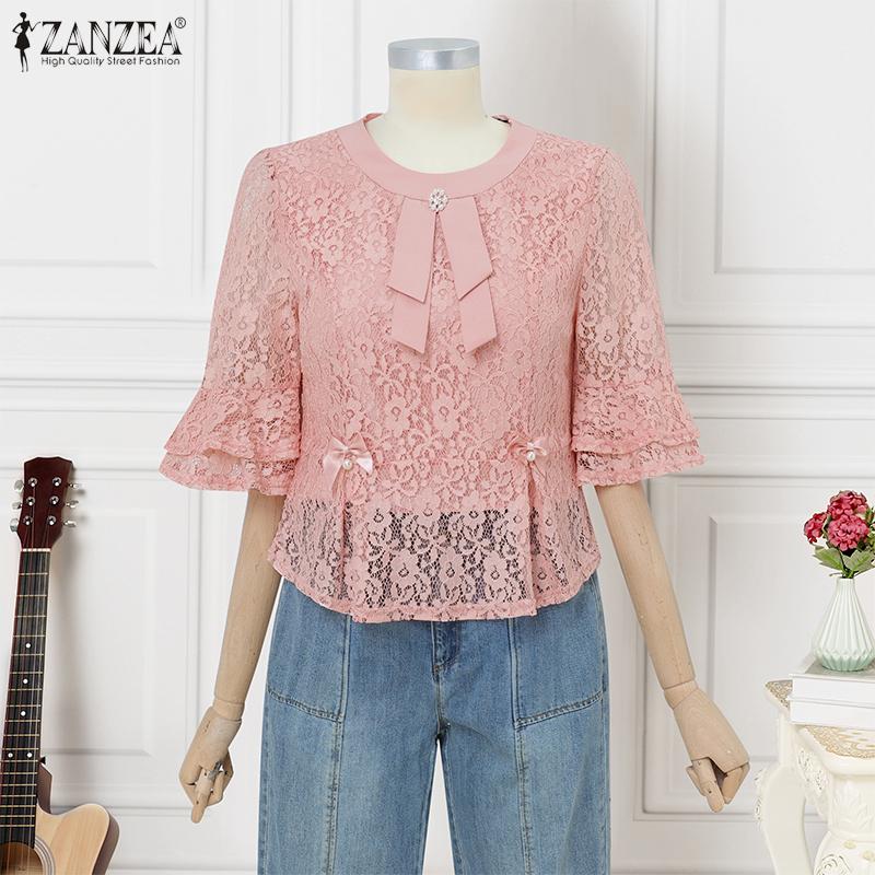 ZANZEA Women Summer Round Neck Half Sleeve Lace Patchwork Blouse