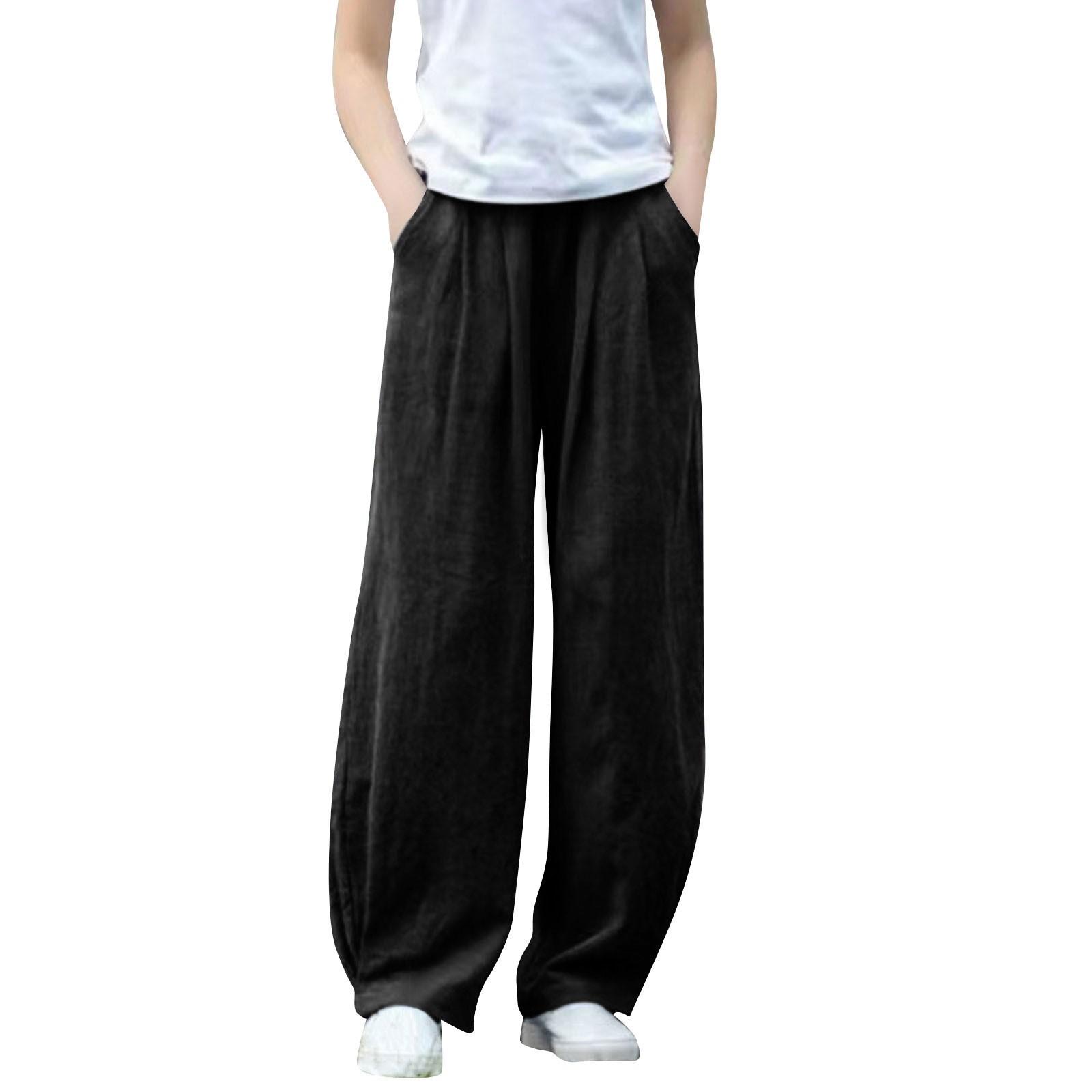 

Женские шаровары из хлопка и конопли, литературные свободные повседневные брюки с эластичными штанинами, длинные брюки M чёрный