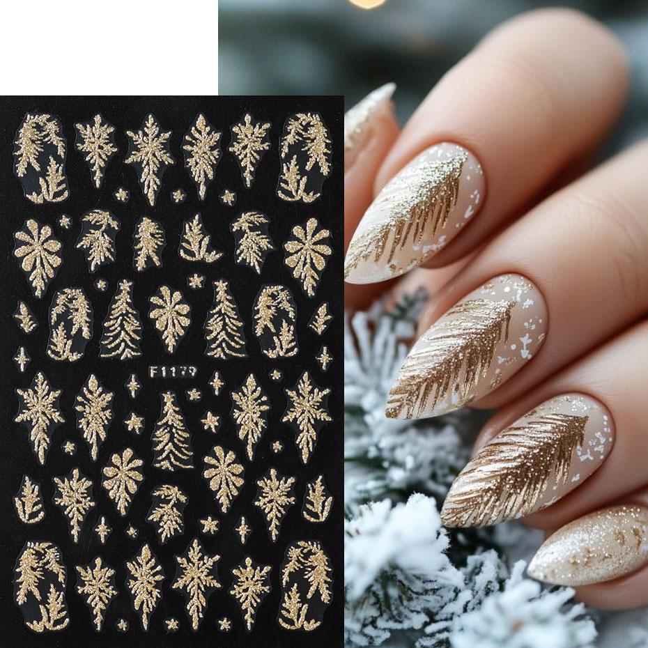 2PCS Golden Glitter Leaf Nail Art Stickers Shinny Christmas Trees Snowflake Sliders Winter Leaves Manicure Decor