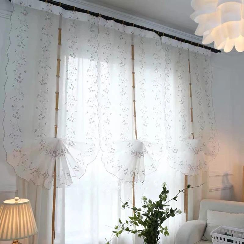 Retro Cotton Linen Lace Embroidered Balloon Pull Up Curtain for Living Room Kitchen Threading Rod Short Window