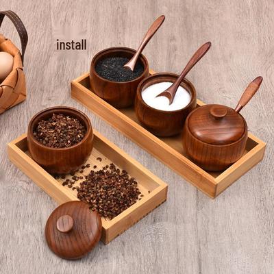 Retro Jujube-Holz Gewürzglas-Set mit Deckel - Individuell bedruckbarer Salzstreuer & Gewürzbox für die Küche