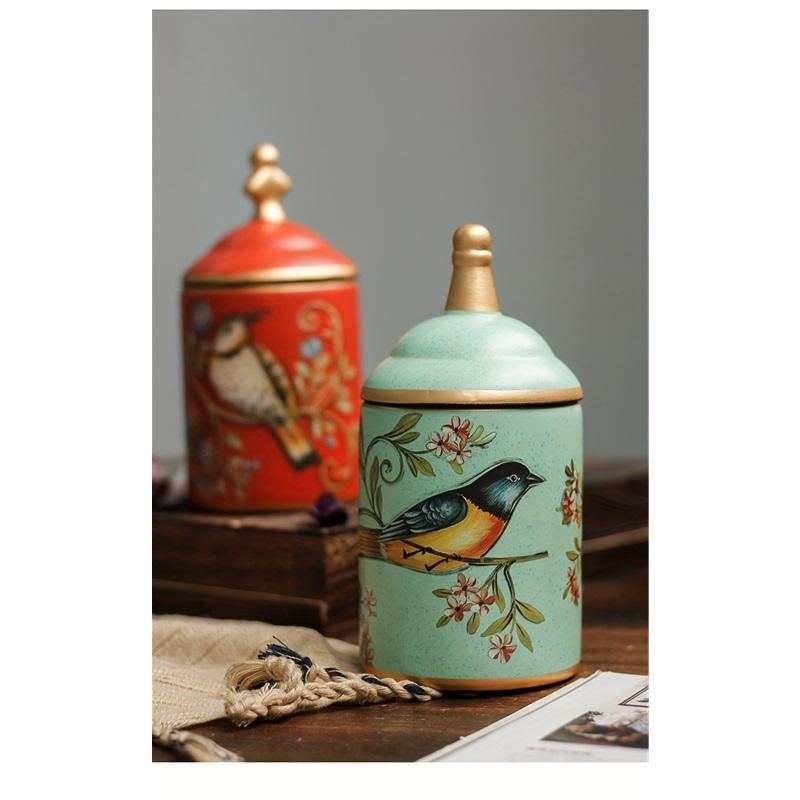 1pc Decorative Ceramic Storage Jar with Lid, Bird Design, Food-Safe Porcelain Tea/Coffee Canister
