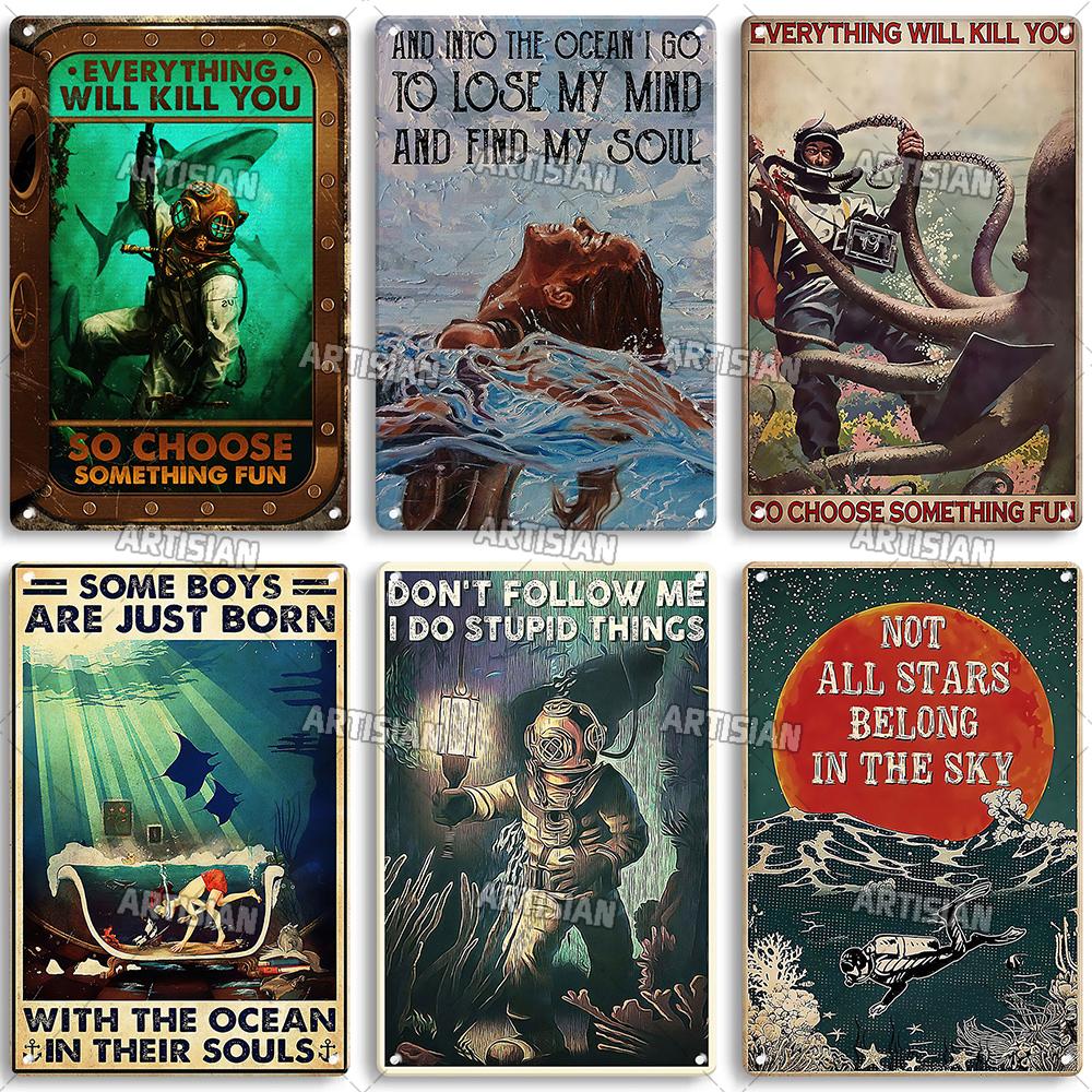 Artisian Swimming Metal Poster Diving Tin Sign Sport Decorative Plaque Ocean Wall Decor Garage Bar Pub Club Hotel Cafe Kitchen