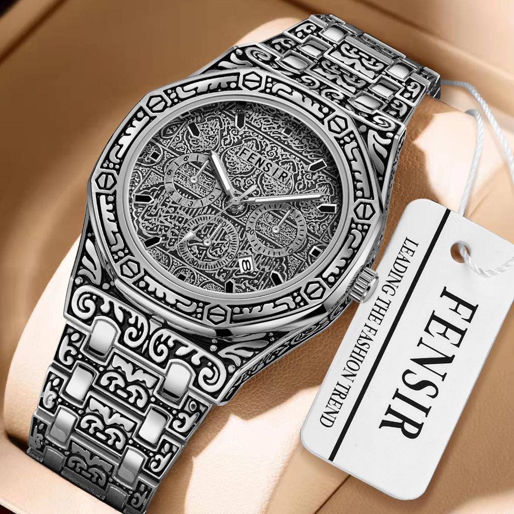 Luminous Men's Quartz Watch with Steel Band, Waterproof, Calendar, Fashion Three-Hand Design.