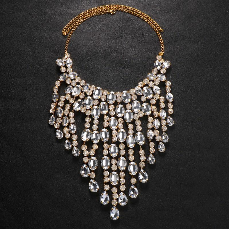 Layered Waterfall Rhinestone Necklace Women Bold Geometric Drop Pendant Chain In Gold Gunmetal