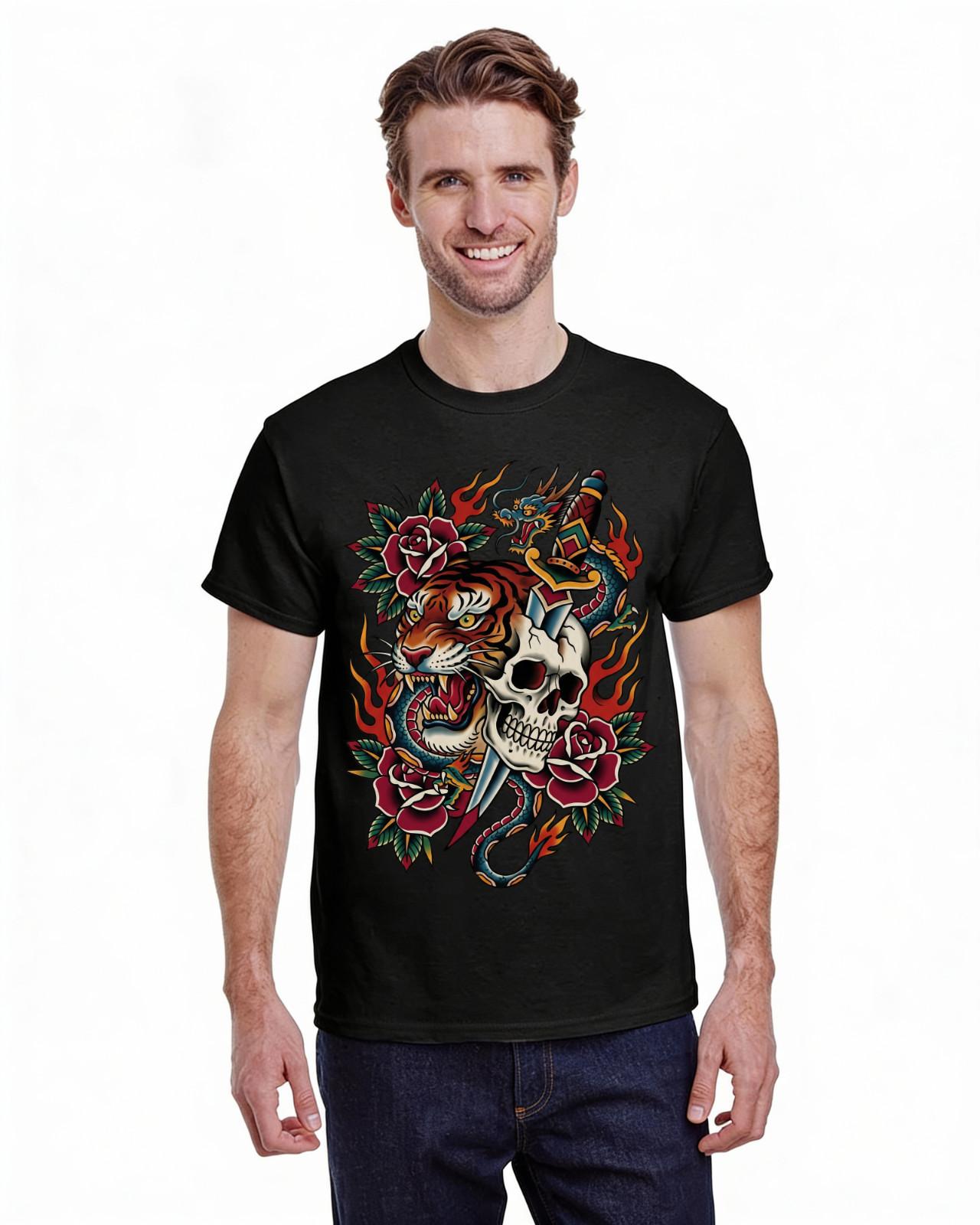 Tattoo Graphic T-Shirt | Tiger Skull Dagger Dragon Old School Traditional Tee S разноцветный