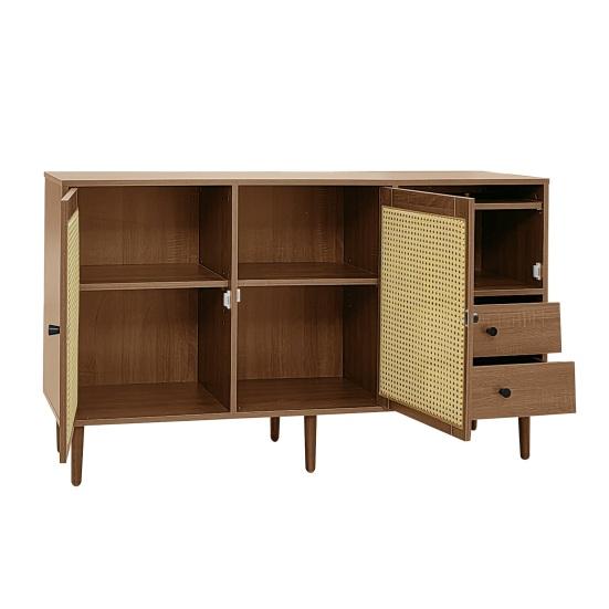 Tea Cabinet Country Style Sideboard with Rattan Doors, 130 x 75.5 Pantry 40cm Magnetic Lock, Adjustable Shelves, Sturdy Structure, Versatile