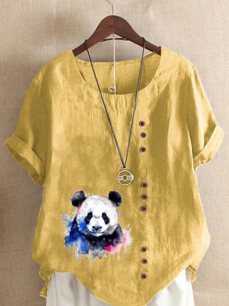 Women's Fashion Panda Print Round Neck Short Sleeve T-shirt Casual Cotton Linen Graphic Shirt Leisure Loose Summer Blouse Tops