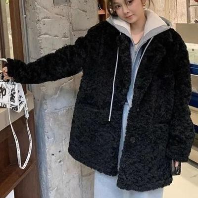 Korean Fashion Black Lamb Wool Jacket Women Elegant Thicken Faux Fur Coat Female Winter Vintage Warm Outwear Streetwear