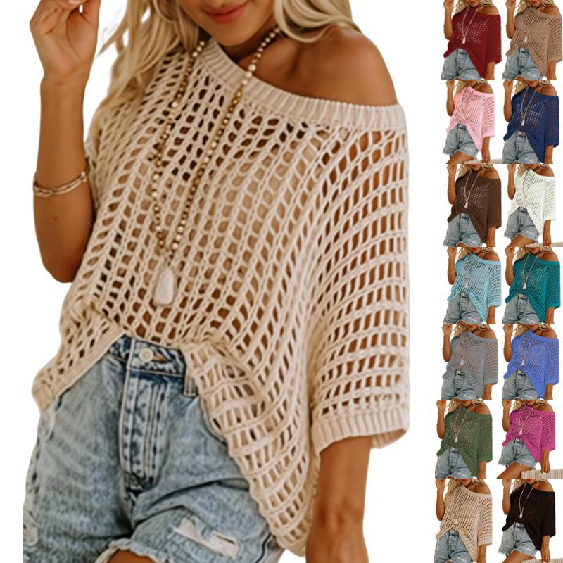 2025 Summer Women's Five-Sleeve Sexy Cutout Knit Beach Cover-Up Sweater