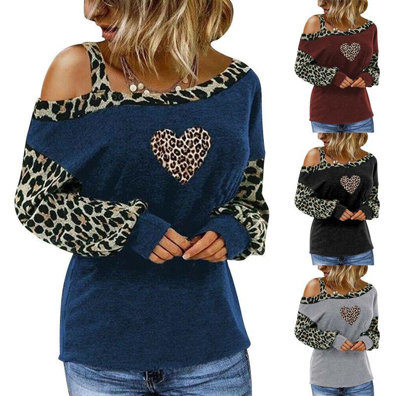 Leopard Womens Print Cold One Shoulder Tshirt Blouse Long Sleeve Casual Tops