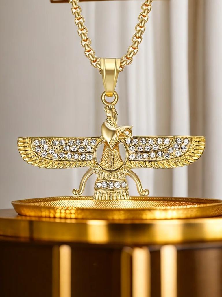 Drop Shipping Hip Hop Iced Out Faravahar Ahura Pendant Necklace Gold Color Stainless Steel Zoroastrian Pendant Iranian Jewelry