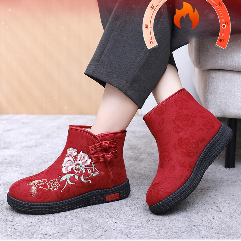 Fortykket Blomsterbroderi Dame Vinterstøvler Foret Snøstøvler Varme Sko Mødres Flatsko Casual