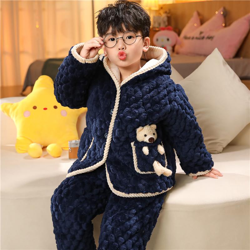 Dětské útulné pyžamo z křišťálového sametu - Silná prošívaná sada z korálového fleecu pro podzim a zimu