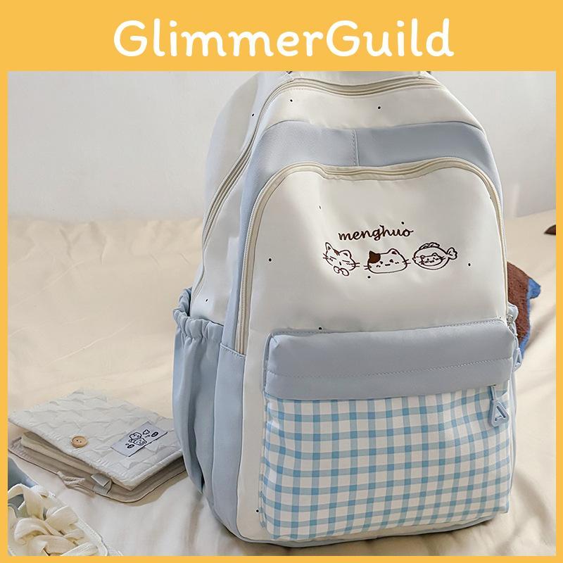 Grid Cat Fashion Embroidery Pattern Unisex Nylon School Backpack For Daily Use