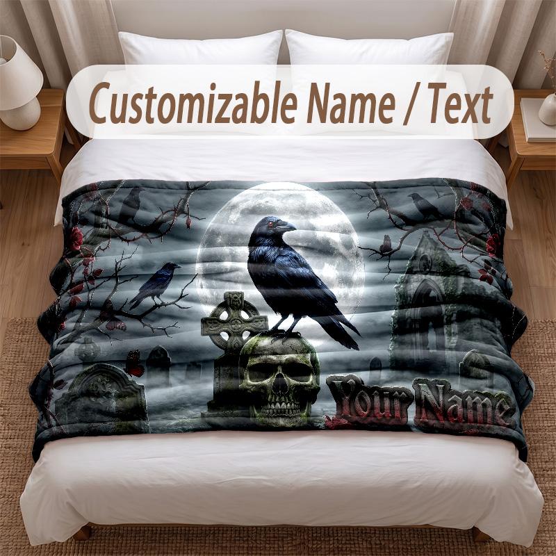 Skull Gothic Theme Soft Blanket Personalized Custom Name Text Print Warm Blanket Home Sofa Bedroom Decor