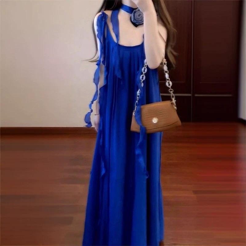 Send flower suspenders backless blue dress women's summer new high-end temperament seaside vacation fairy long dress