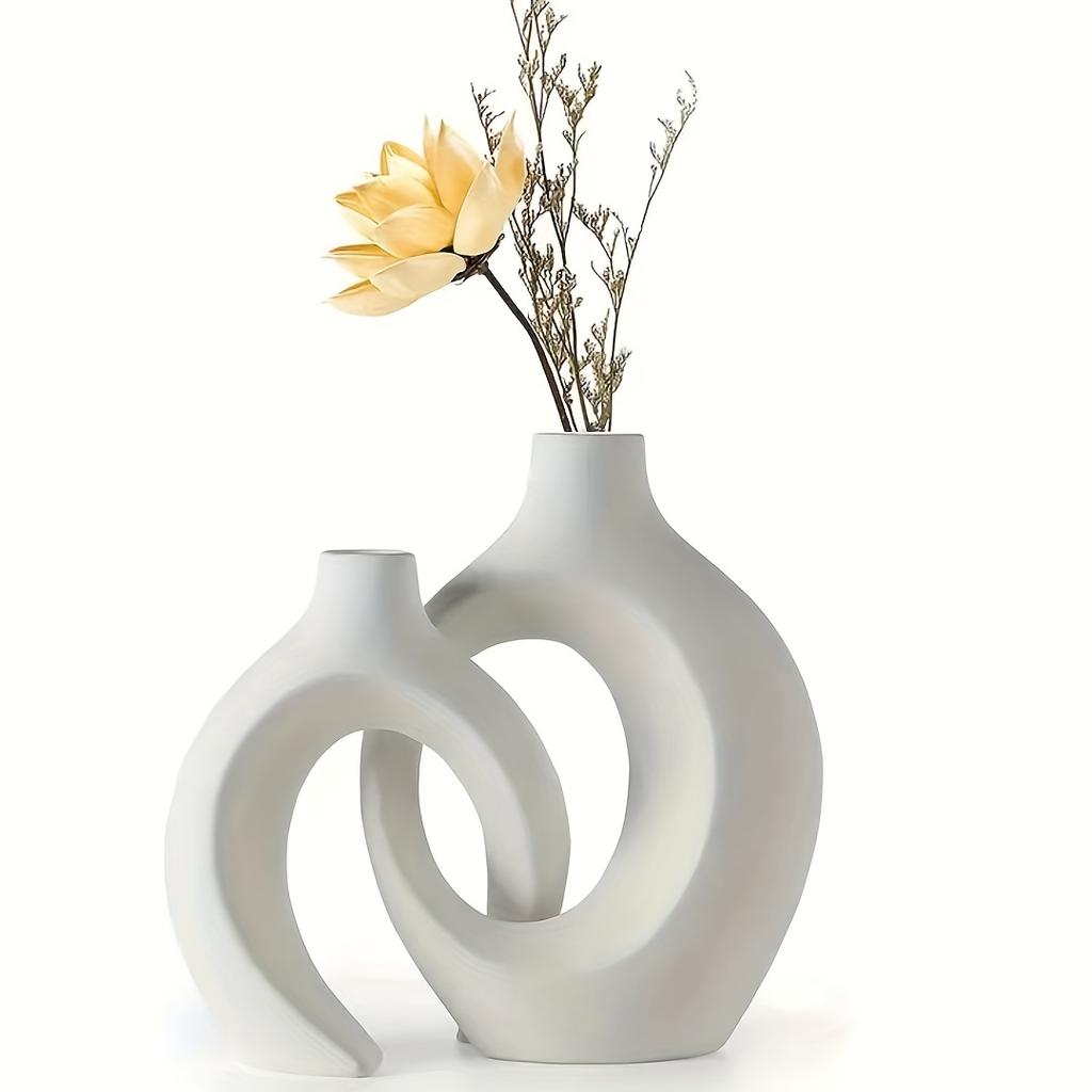 Hul Keramisk Vasesett på 2, Kosete Rund Boho Smultring Moderne Vase Nordisk Minimalistisk Dekorativ Vase for Moderne Trendy Hjem Bord Midtpunkt Dekor