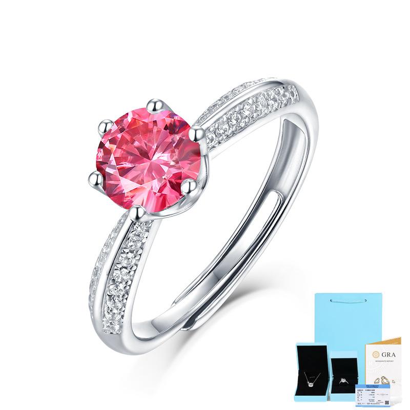 Bague Ringen S925 Silver Set 1ct Moissanite Luxury Round Bag Color Women's Six-prong Pink Adjustable Opening Ring