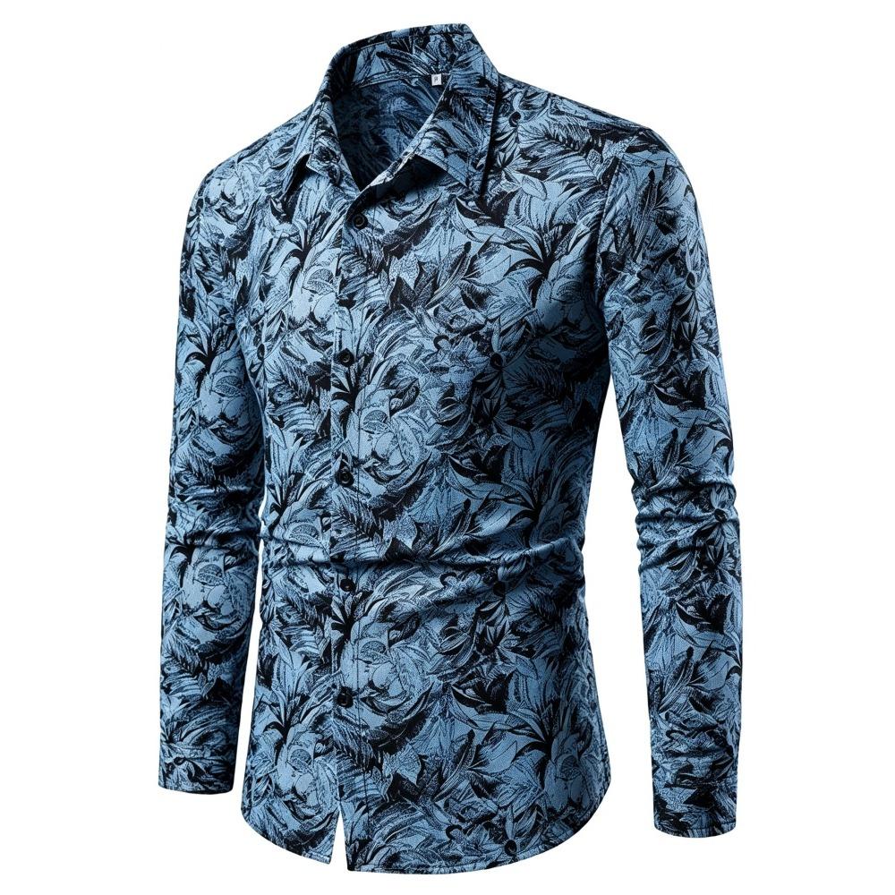 Men's Retro Plant Leaf Printed Long Sleeved Shirt with Slim Fit Collar Trend Shirt, Daily Party Casual Men's Top