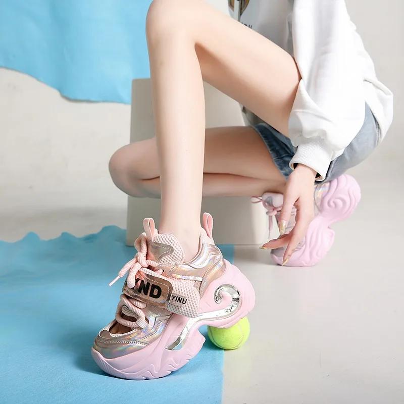 Fashion 8cm Summer New Shiny Sequins Chunky Platform Sneakers Women Breathable Lace Up Height Increase Shoes Woman Fashion Cute Sneakers
