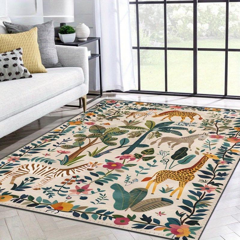 Modern Animal Botanical Print Area Mat Polyester Non-Slip, Large Size Vibrant Jungle Theme for Living Room Bedroom Office Decor