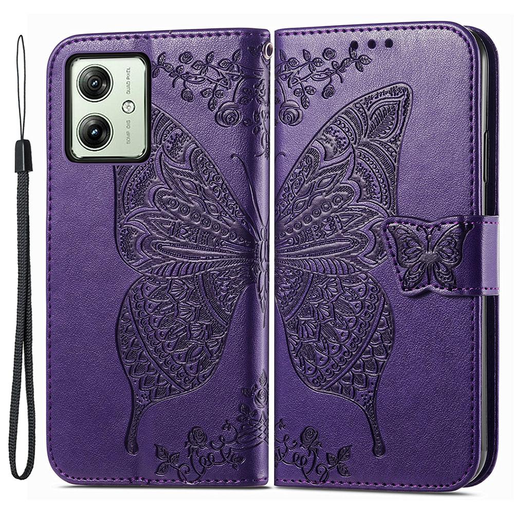 

For Motorola Moto G54 5G Cell Phone Case PU Leather Butterfly Pattern Wallet Cover Dark Purple