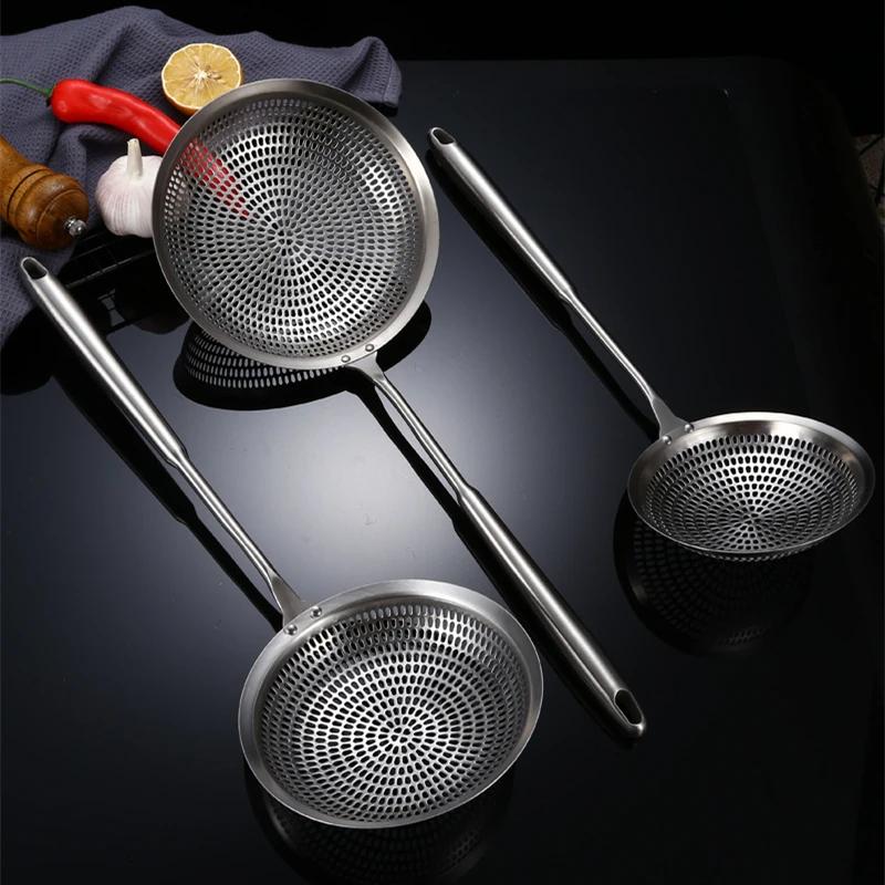 Large Stainless Steel Colander Fine Holes Skimmer Long Handle French Fries Strainer Home Gadget Kitchen Utensils Cooking Tools