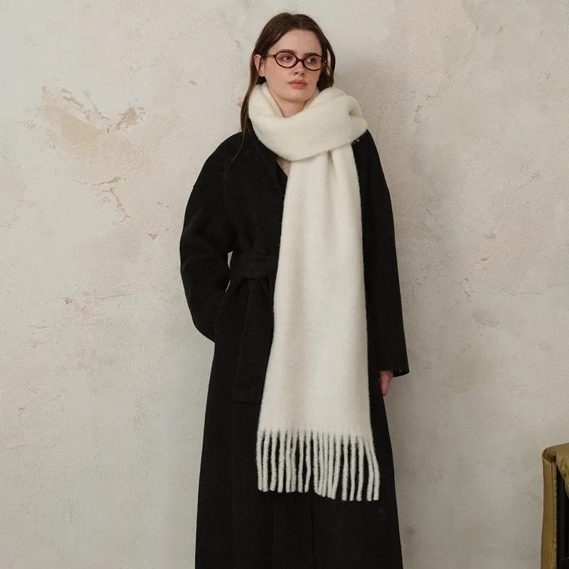 

Кашемировый зимний шарф Утолщенная теплая шаль Классические кисточки Пушистый шаль Женский роскошный осенне-зимний шарф Однотонный мягкий шаль белый