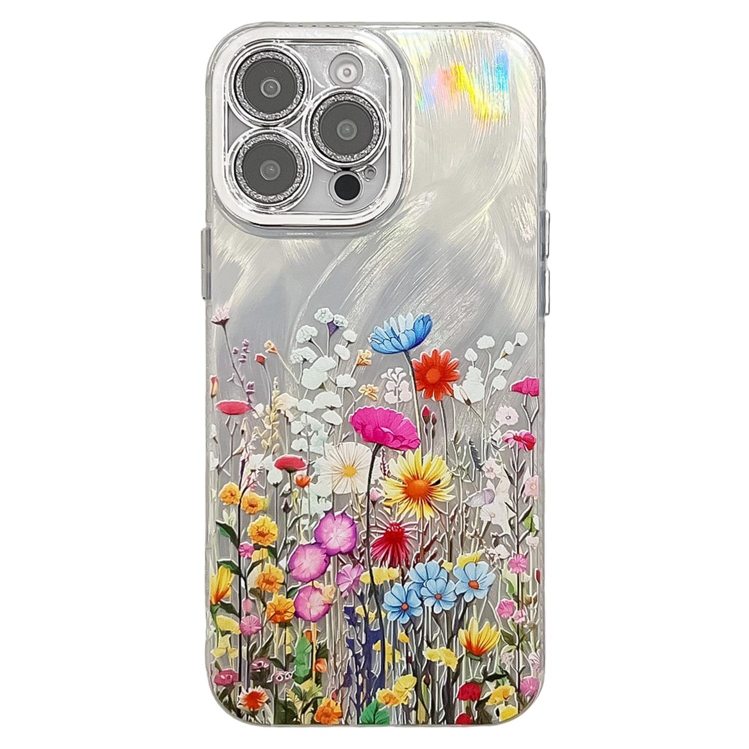 

For iPhone 16 Pro Case Electroplated Floral Pattern IMD TPU+PC Phone Back Cover with Glass Lens Film SH4