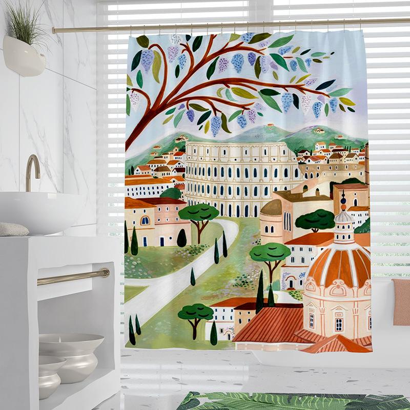 

Painted seaside buildings washable Dirt-Resistant Shower Curtain Shower Head waterproof Polyester Bath Curtain For Home Decor 70x140CM