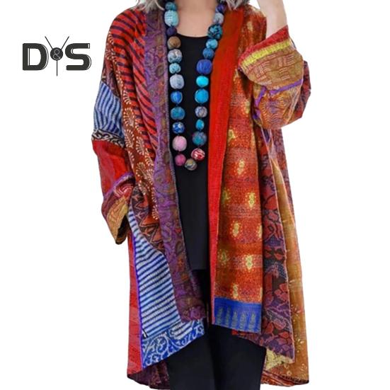 Women Coat with Pockets Colorful Printing Cardigan Long Sleeves Retro Ethnic Style Mid Length Loose Spring Autumn Jacket