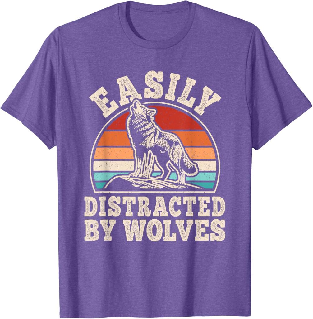 Easily Distracted By Wolves Retro Graphic T-Shirt Vintage Sunset Wolf Howling Print Casual Cotton Tee