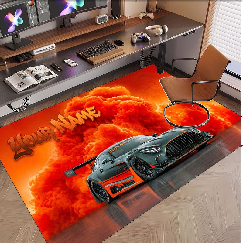 Car Racing Theme Soft Crystal Velvet Rug Custom Name & Text Print Non Slip Floor Rug for Bedroom Living Room