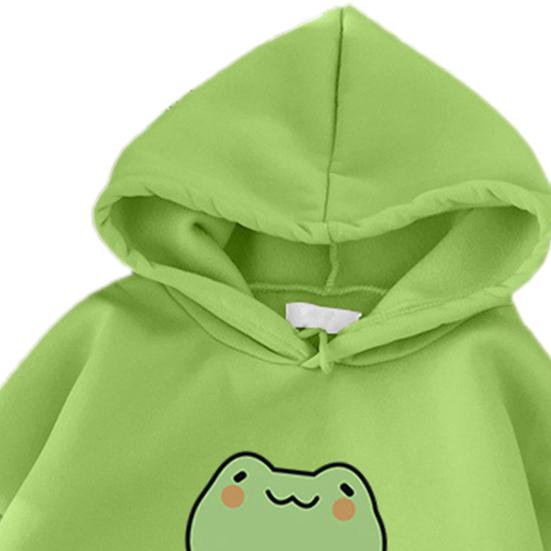 Unisex Hoodie Solid Color Frog Pattern Autumn Winter Korean Style Warm Sweatshirt for Daily Wear