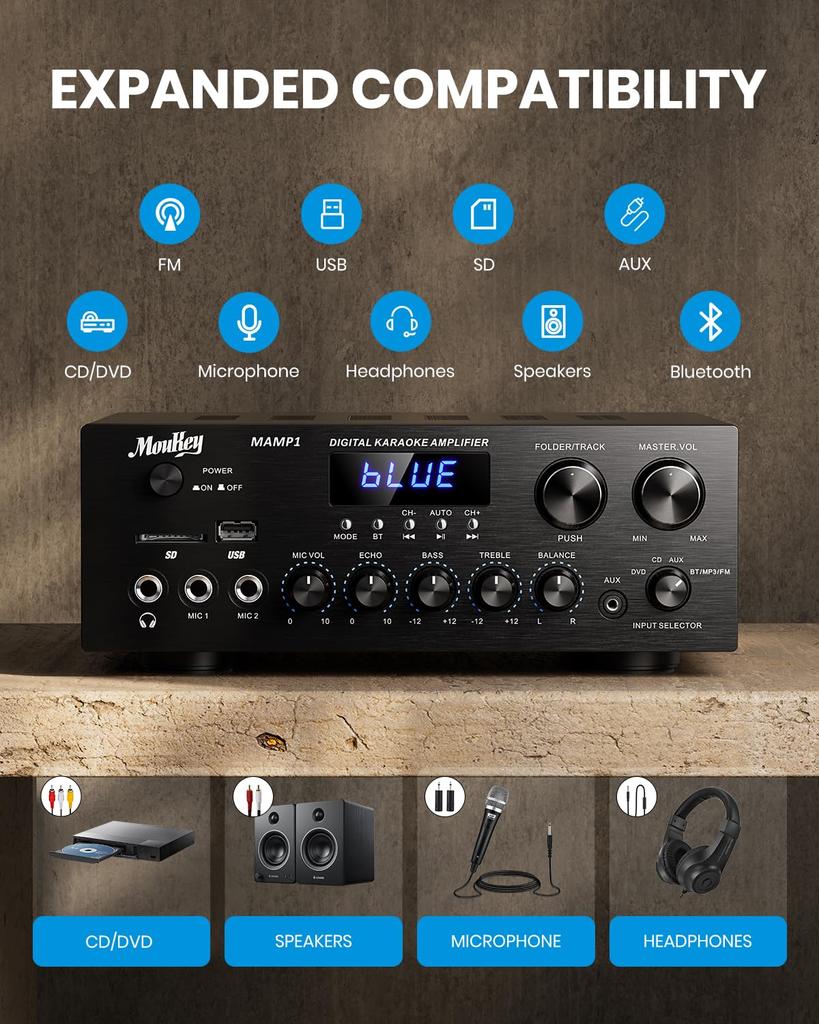 Moukey Erősítő Rendszer Mikrofon Mixer Max Kimenő Teljesítmény 220W Bluetooth Kompatibilis Kétcsatornás Hang Audio Sztereó Erősítő Monitorozás USB, SD, AUX,