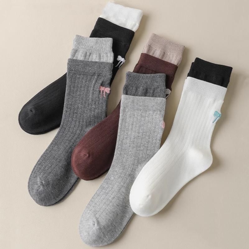 

5 пар/комплект вышивка бант детские носки весна осень детские носки средней длины носки до икры для девочки мягкий хлопок детские носки L(9-12y) серый