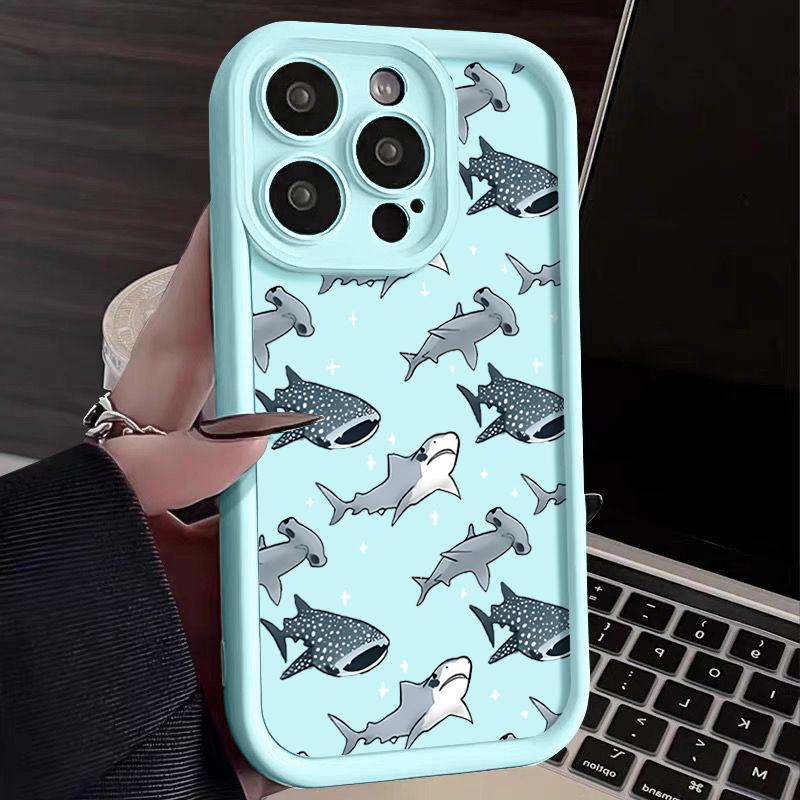 For iPhone 16 16E 15 Pro Max 14 Pro 13 12 11 Case Cartoon Shark Pattern Anti-Fall Matte TPU Lens Protection Shockproof Soft Phone Cover